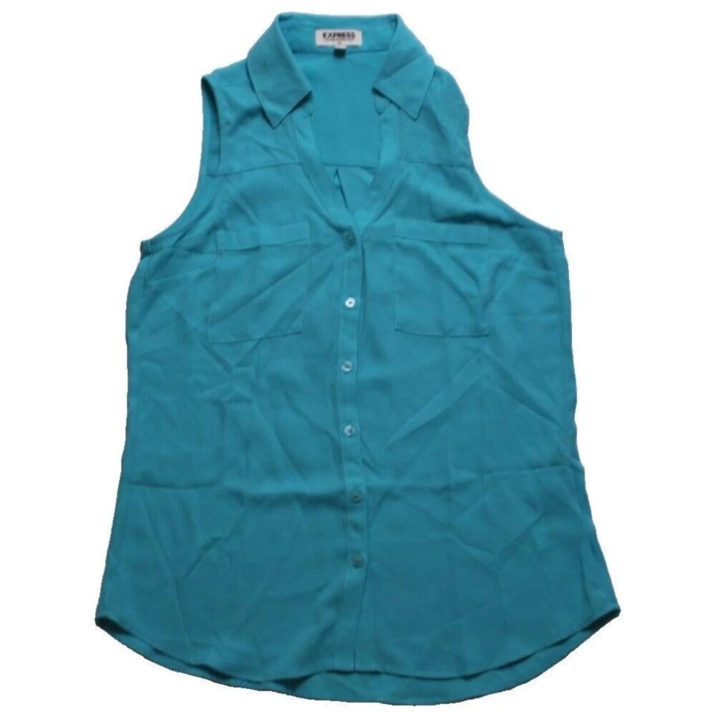 Express Womens Portofino Sleeveless Button Shirt Teal Blue NWOT Size XS Defect